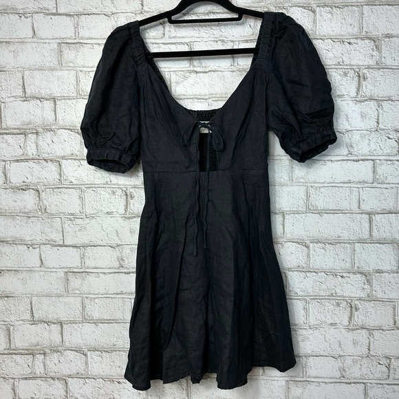 Capulet Dress Bernie Linen Mini Cutout Tie Front Short Puff Sleeve Boho Black XS - Picture 2 of 10
